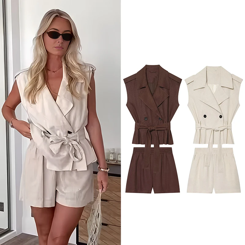 

Women's Shorts Sets 2 Piece Set Fashion With Belt Vests Tops Women Elastic Waist Casual Shorts Two Piece Sets Women Outfits