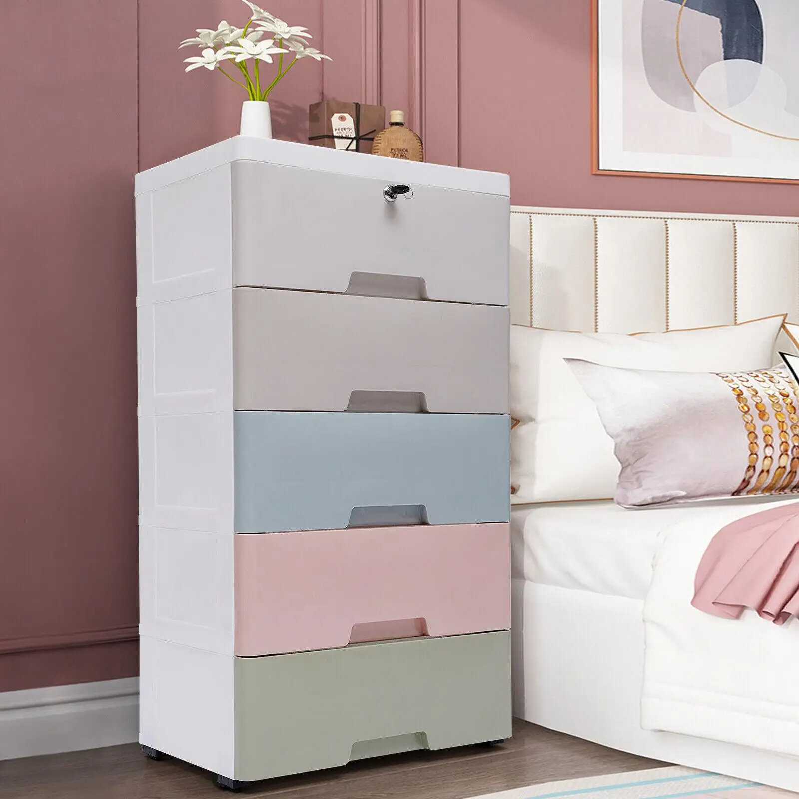 5 Drawers Modern Plastic Storage Dresser Cabinet Movable Macaron Color Bedroom Clothes Tower Organizer Space Saving Furniture