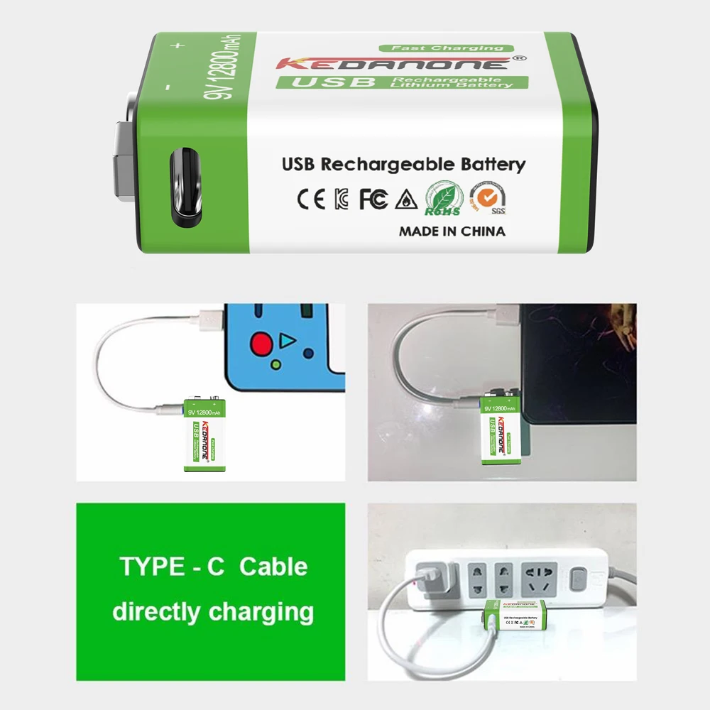 9V Battery 12800mAh Li-ion Rechargeable Battery Type-C Battery 9V USB Lithium For Multimeter Microphone Toy +USB Charging Cable