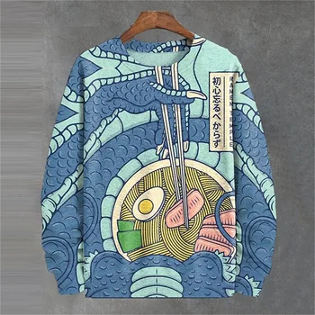 Sweat-shirt à motif japonais Ukiyo-e pour hommes, pull imprimé en 3D, vague de mer Ramen, surdimensionné, col rond, manches longues, automne