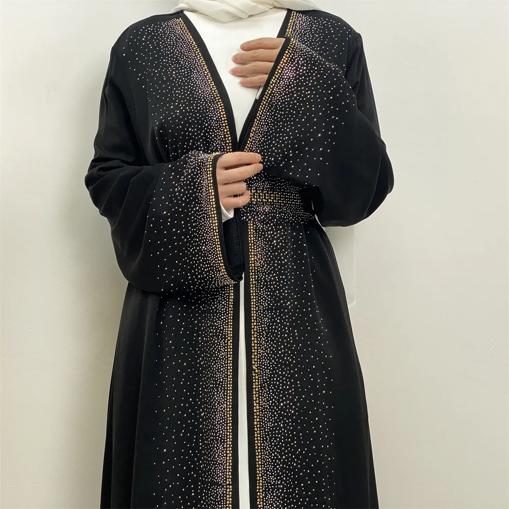 

Muslim Women Middle East Dubai Hot Diamond Lace-Up Cardigan Pocket Dress Abaya Robe Loose Open Cardigan