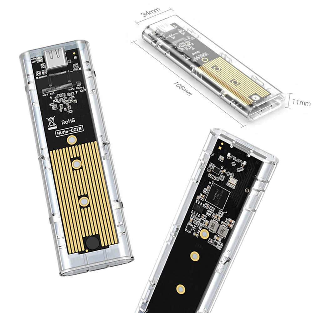 M.2 NVME PCIe NGFF SATA حافظة SSD مزدوجة البروتوكول واضح USB نوع C 10Gbps PCI-E M2 SSD صندوق قرص صلب خارجي شفاف