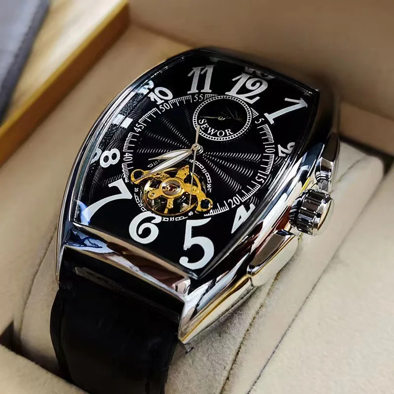 นาฬิกากลไกอัตโนมัติหรูสำหรับผู้ชายนาฬิกาข้อมือ Tourbillon Skeleton นาฬิกาข้อมือชายเรืองแสง