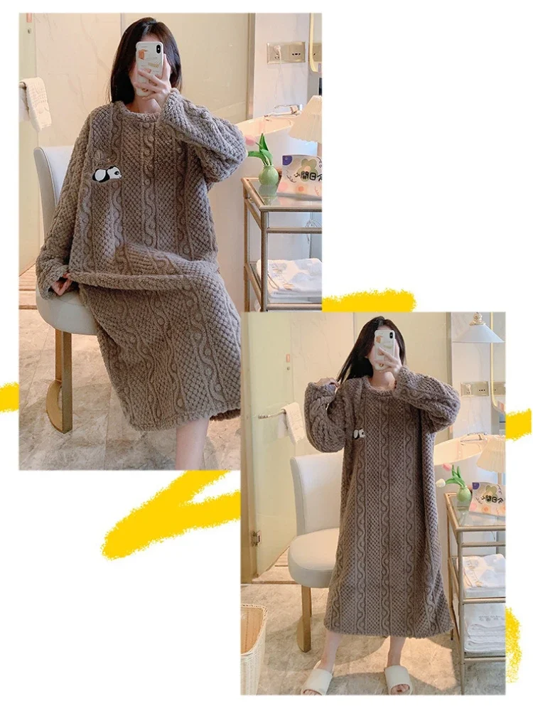 5XL Plus Size Women Sleepwear Winter Flannel Cartoon Nightgown Coral Fleece Thick Warm Pajamas Home Clothes Can Be Worn Outside