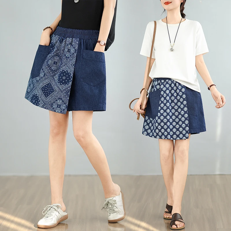 プラスサイズ レディース デニムショートパンツ 夏の新作 ルーズフィット ハイウエスト ワイドレッグパンツ ブルー エラスティックウエスト ショートスカート風 ブルー ジーンズ