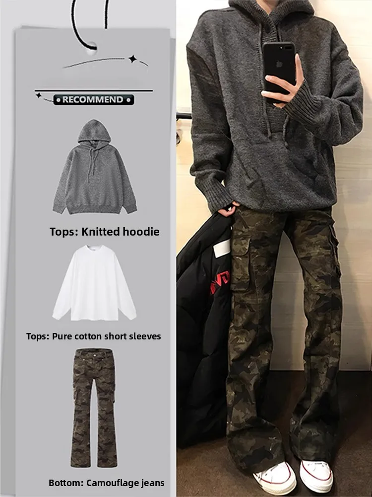 

American Retro Camouflage Workwear Jeans Set Men's Cleanfit Pants Sweatirt Clete Set Autumn Casual Loose Straight Leg Jeans