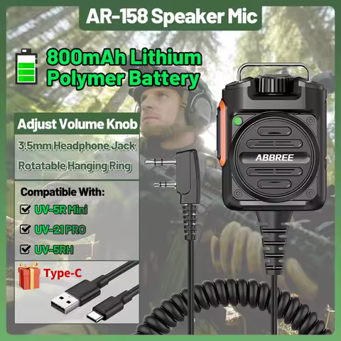 ABBREE AR-158 Rechargeable Walkie Talkie Microphone Speaker Volume Adjust Type-C Charging for Baofeng UV 5R MINI Quansheng UV K5