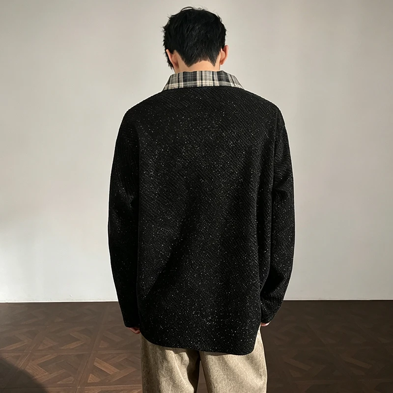 Herren-Polohemd mit Karomuster am Kragen, langärmelig, für den Herbst, aus strukturierter Strickware, lockere Passform, lässiges Oberteil, Kontrastkragen, ideal für den täglichen Gebrauch, Pullover. – Detail 18