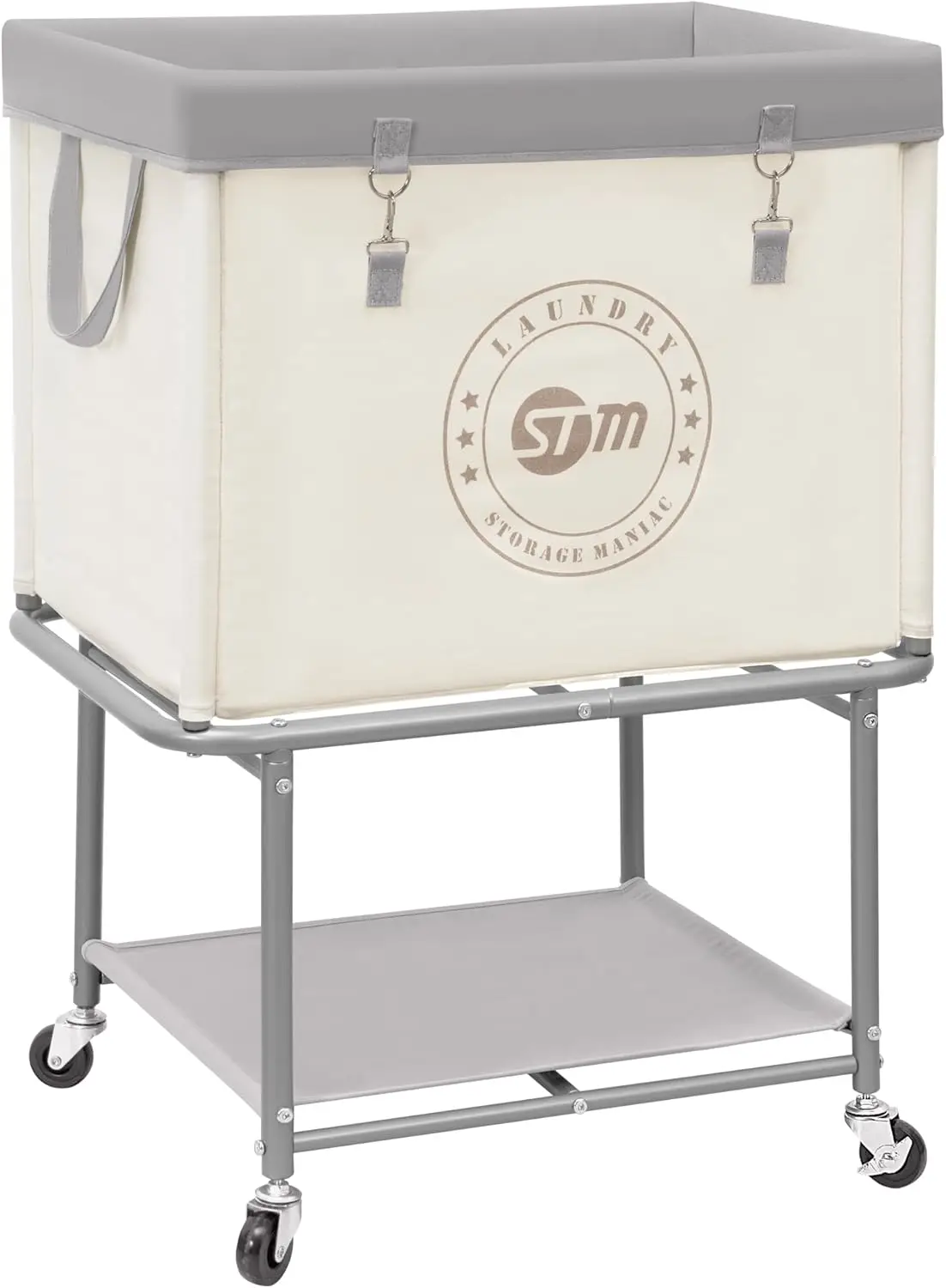 

Rolling Laundry Cart with Storage Shelf, Heavy Duty Industrial Laundry Basket with Wheels, Commercial Metal Frame Clothe