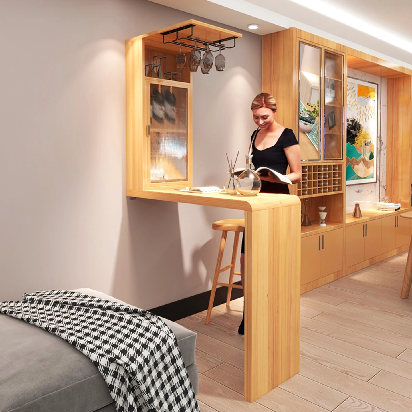 

Balcony living room wine cabinet bar integrated table modern simple sofa edge partition entrance against the wall solid wood bar