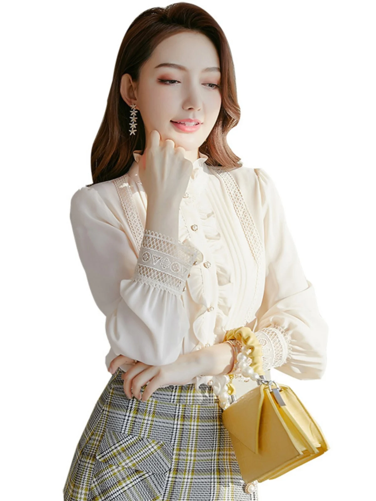 Mary Autumn New Sle 2025 Chiffon irt Stand Collar Wooden  Trim Slimming Ele Super Faion Korean Versatile Top Fairy