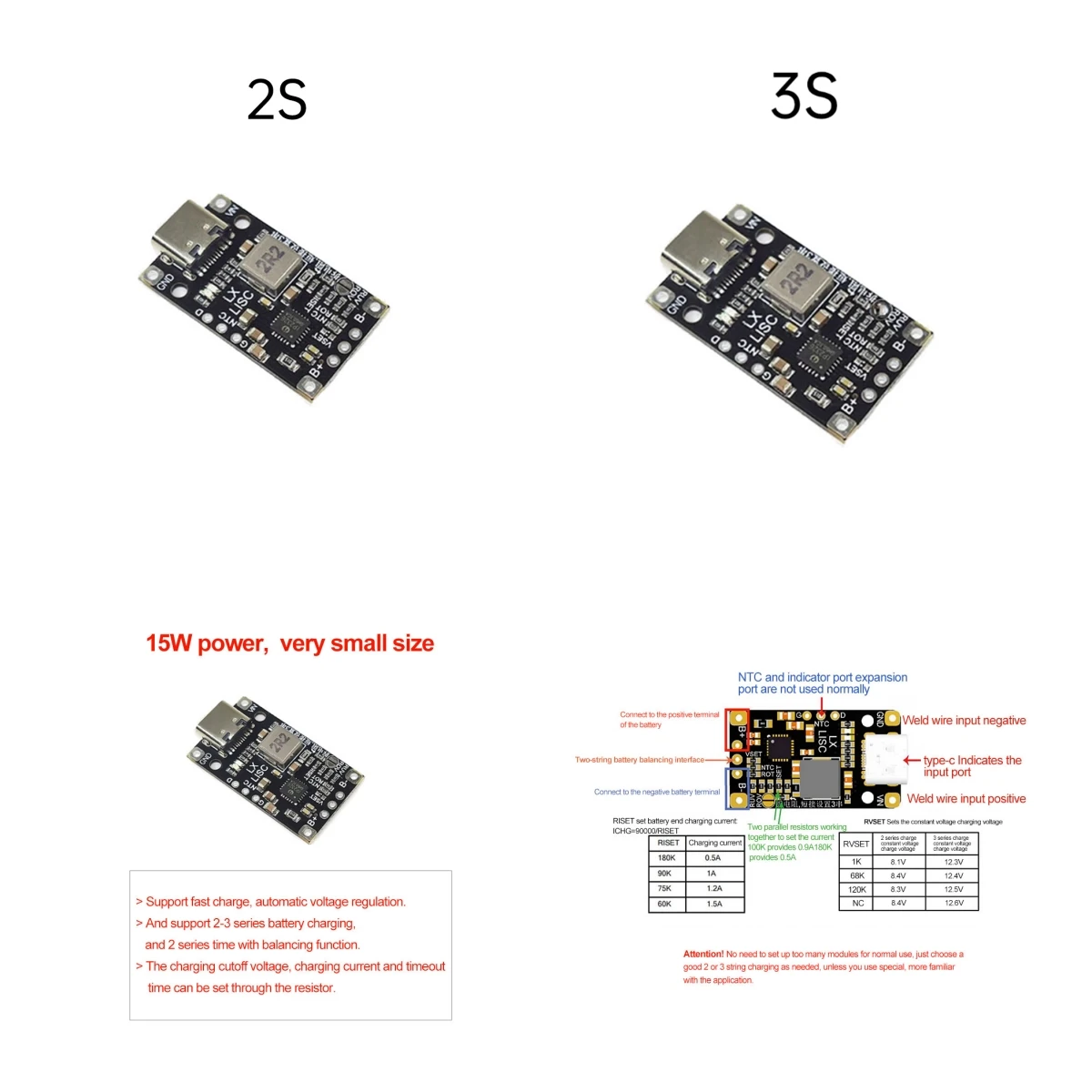 5pcs  15W High-power Lithium Battery Pack Charging Board 2s/3s Bms Boost Quick Charge Polymer/uav Charging Module Type-c  QC