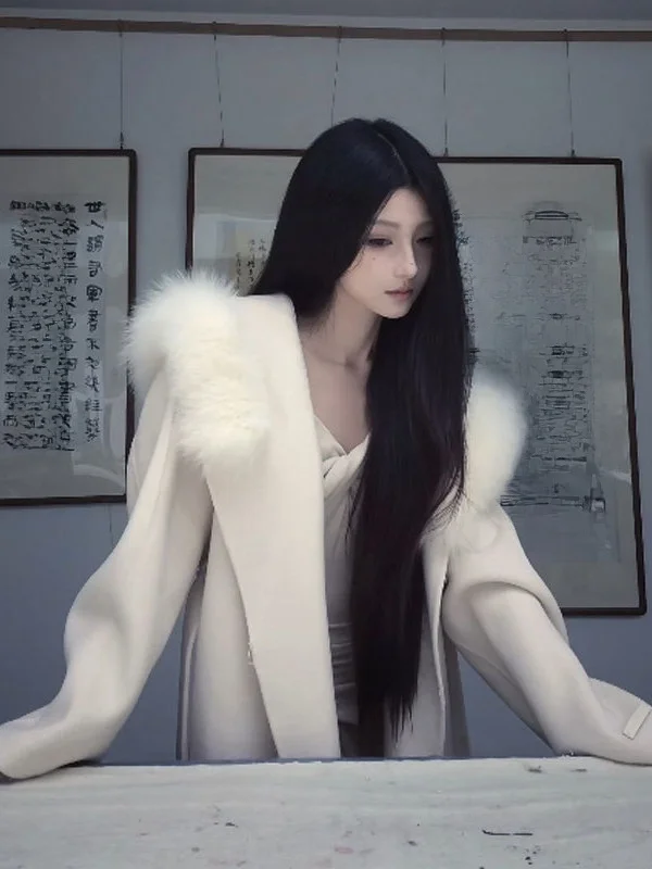

Korean Style Premium Feel Beautiful Fur Collar Hooded Woolen Coat Long Elegant Coat Spring Fashionable Women's Outerwear