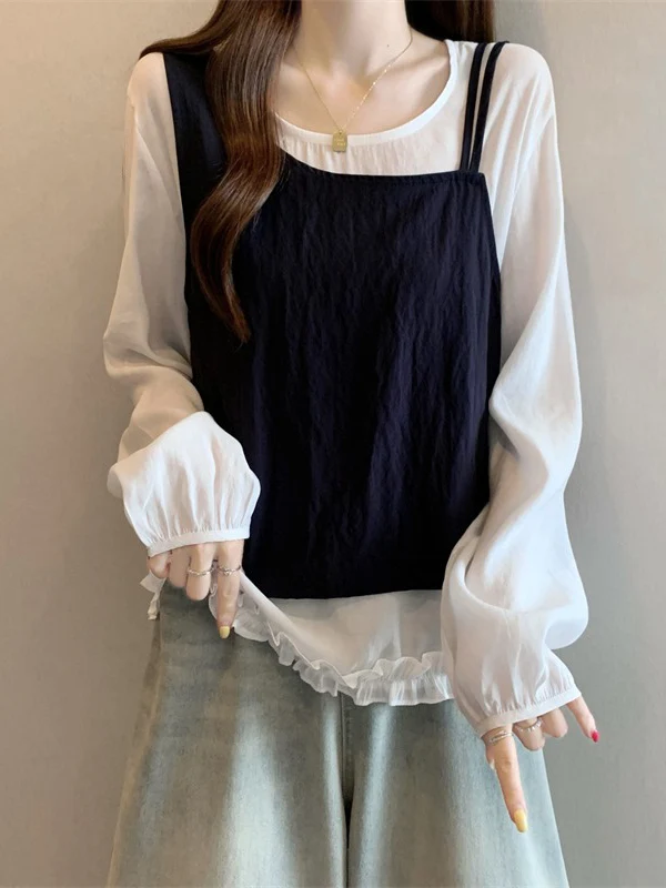 

Slim Blue Gradient Shoulder Women's Shirt Spring Summer New Style plus Size Korean Style Upper Body False Two-Piece Commute S...