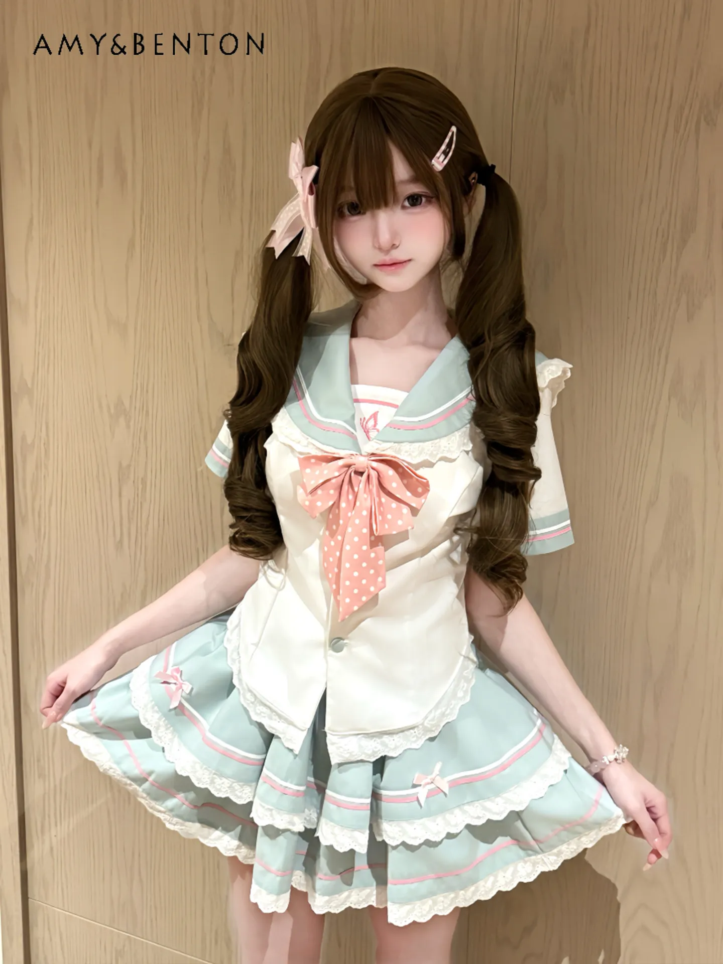 

Sweet Cute Bow Navy Collar Short-sleeved Shirt Pleated Skirt Two-piece Set Japanese College Style Kawaii Jk Uniform Outfits