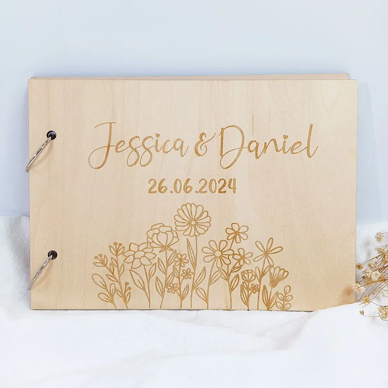 Custom Wedding Guestbook Personalized Name And Date Rustic Floral Wooden Guestbook Wedding Signature Book Anniversary Gift