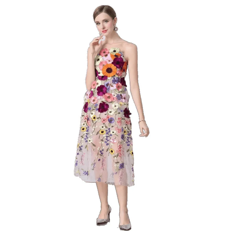 Ele Summer Women's Dr Embroidered 3D Floral Heavy Work Slimming Waistline Strapl Gown Chinese Faion Thiened Me