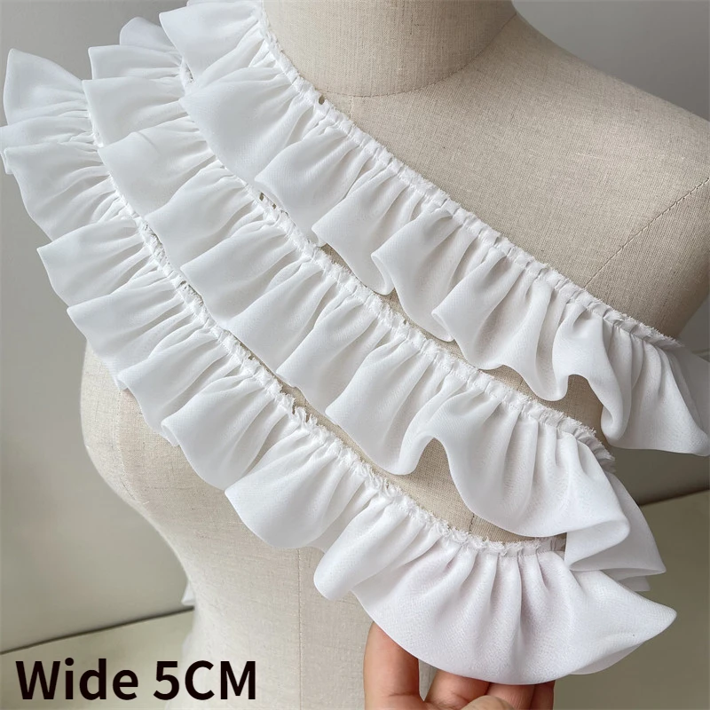 5CM Wide White Double Layers Chiffon Fabric Needlework Frilled Ribbon Ruffle Trim Wedding Dress Collar Cuffs Sewing DIY Crafts