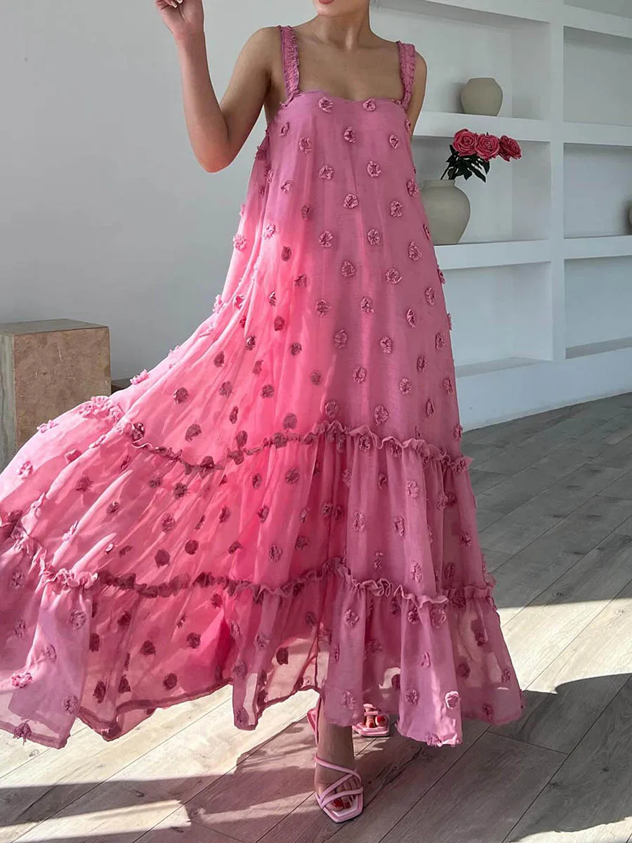 

Women Beach Long Cami Dress Summer 3D Flower Sleeveless Frill Tiered Flowy A-Line Dresses for Vacation Party Boho Loose Sundress