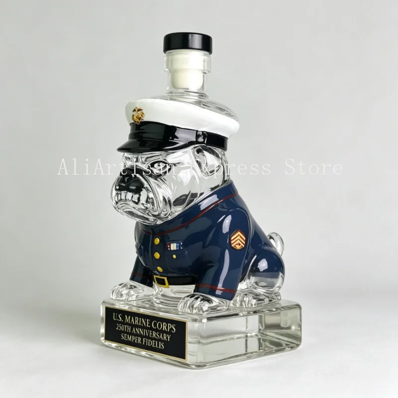 Semper Fidelis Bulldog Glass Whiskey Decanter, Clear Spirit Bottle, Patriotic Military‑Style Collectible Gift for Veteran