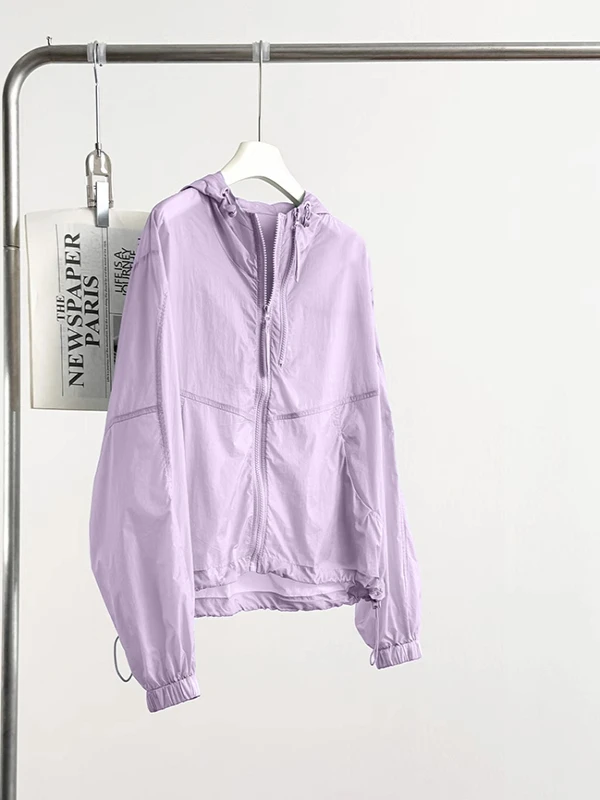 Feminino verão solto ajuste com capuz proteção solar jaet duplo zíper casual sle design leve longo sve