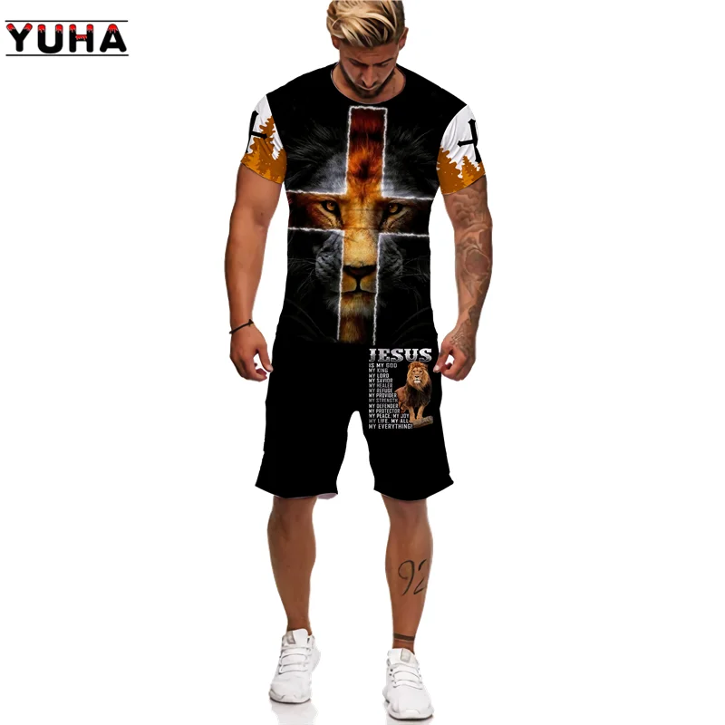 YUHA,Summer 3D Lion Cross Printed Men\'s T-shirt/Shorts/Suit Short Sleeve Jesus Love Everone Christian Street Wear 2 Pcs