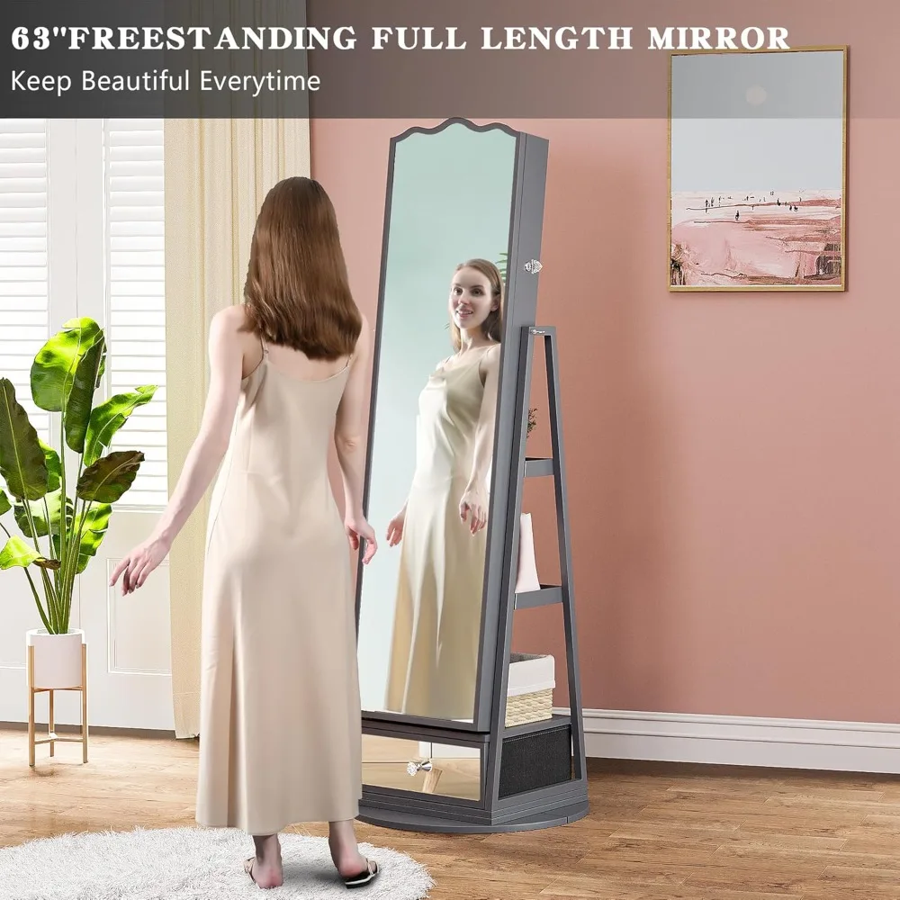 "60° Rotating LED Jewelry Armoire with Full-Length Mirror - Lockable Floor Cabinet with Storage Shelves",Customized,Customized