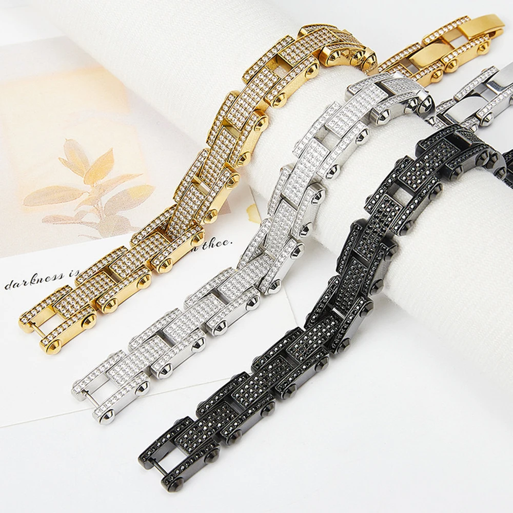 13mm 316L Stainless Steel Watch Chain Bracelets For Men 5A Zircon Hip Hop No Fade Hand Chain Bangles Gothic Jewelry