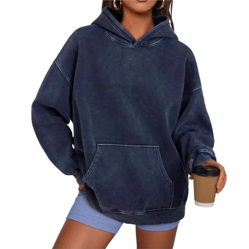 

High Street Retro Hooded Sweatshirt for Men and Women Washed Aged Casual Loose Solid Pocket Pullover Top Hip-hop Street Dance