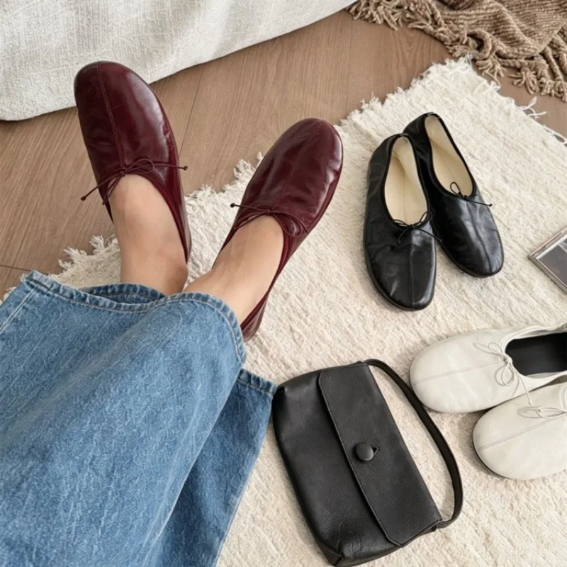 Retro Butterfly-Knot Real Leather Ballet Shoes Flat Heels Mary Janes Shoes Women Round Toe Shallow Casual Shoes Women
