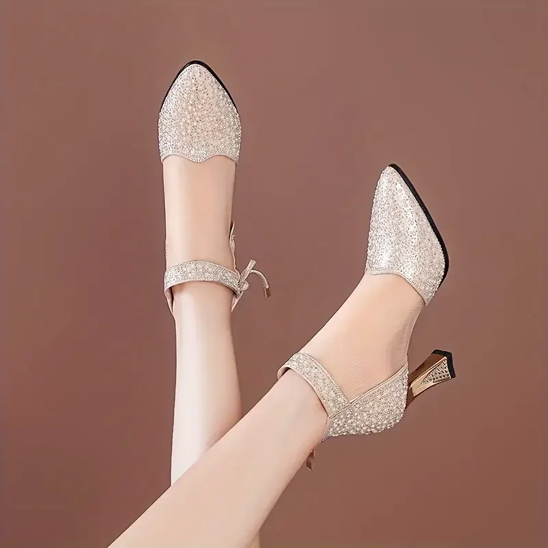 New Fashion Mesh Breathable Rhinestone High Heel Boots Elegant Pointed Toe Dress Pumps Women Banquet Wedding High Heels Size 42