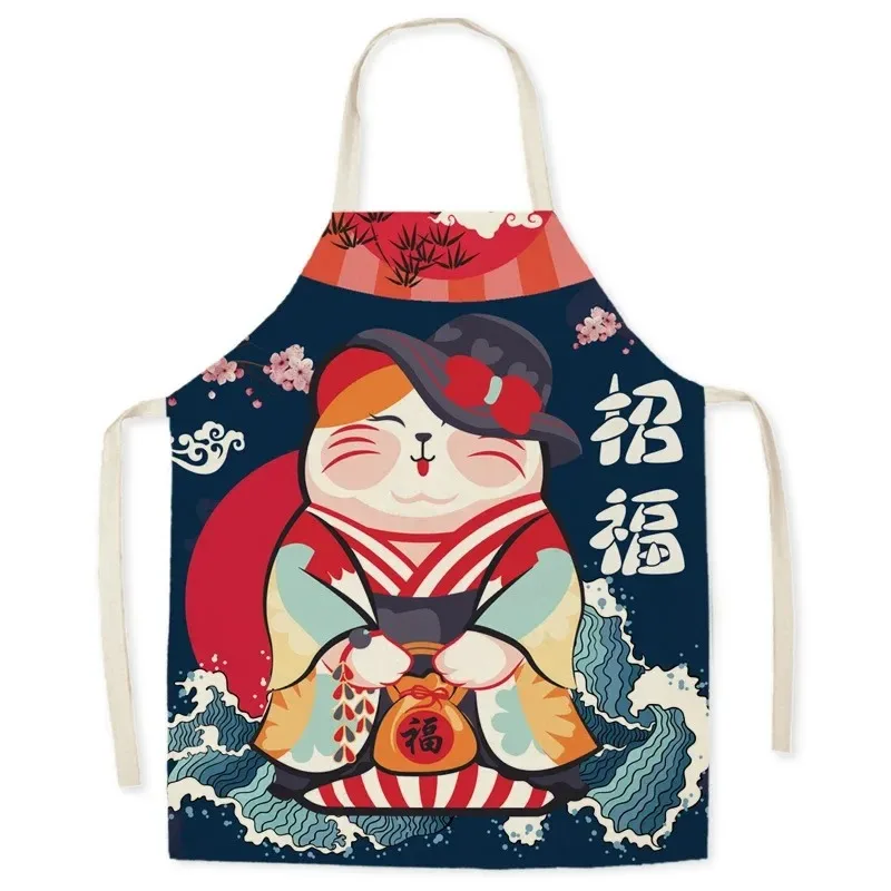 Japanese linen cartoon home cat print apron kitchen oil-proof housework cleaning waist sleeveless bib