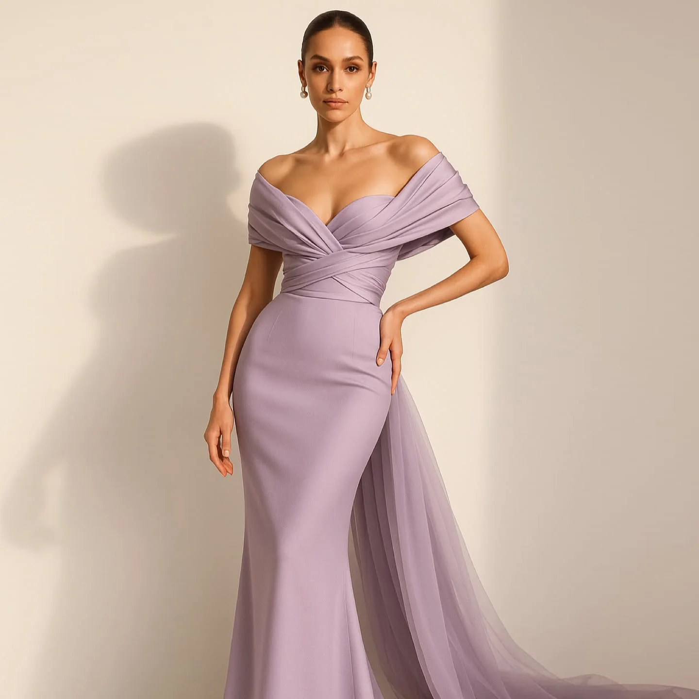 

Sharon Said Off Shoulder Mermaid Evening Dress with Train Pleated Simple Satin Women Wedding Party Gowns SF096 Customized