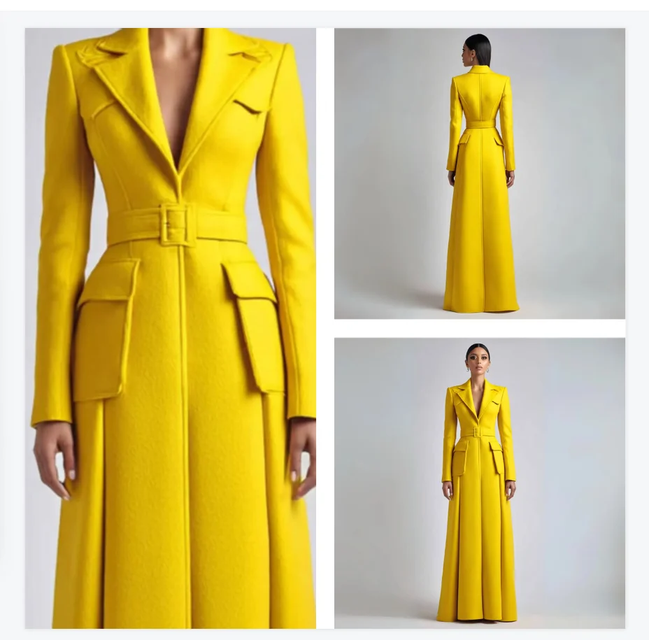 

Yellow Cashmere Women Suit 1 Pcs Long Blazer Prom Dress Wool Winter Formal Office Jacket Customized Wedding Tuxedo Guest Coat