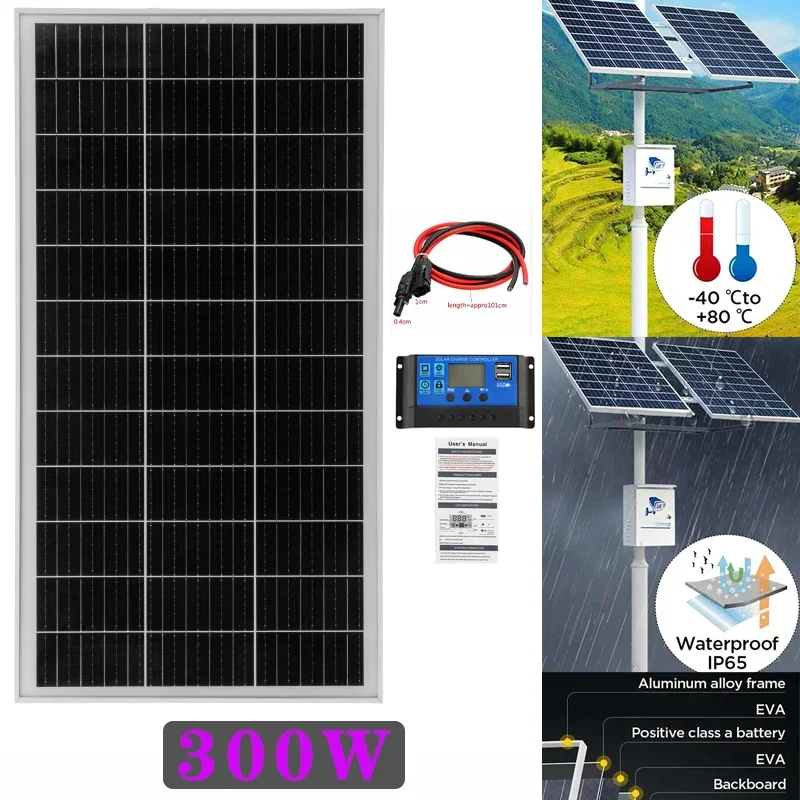 300W Solar Panel 18V Rigid Glass Solars Panels Monocrystalline Cell High-efficiency Chargig Outdoor Sola r Cell For Home/Camping