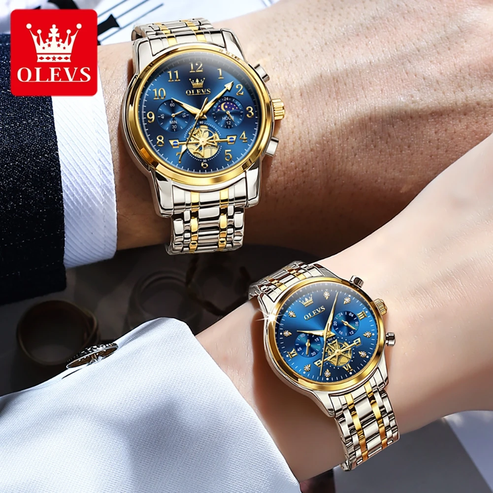 OLEVS Brand 2024 New Luxury Tourbillon Couple Quartz Watch Stainless Steel Waterproof Luminous Fashion Moon Phase Watches Lovers