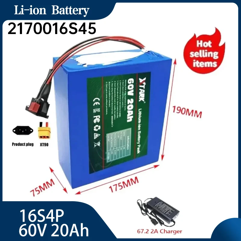 Electric Bike 16S4P 60V 20A 3000W XT90 21700 Battery for Scooter Motorcycle 67.2V Rechargeable Battery with Same Port BMS+Charge