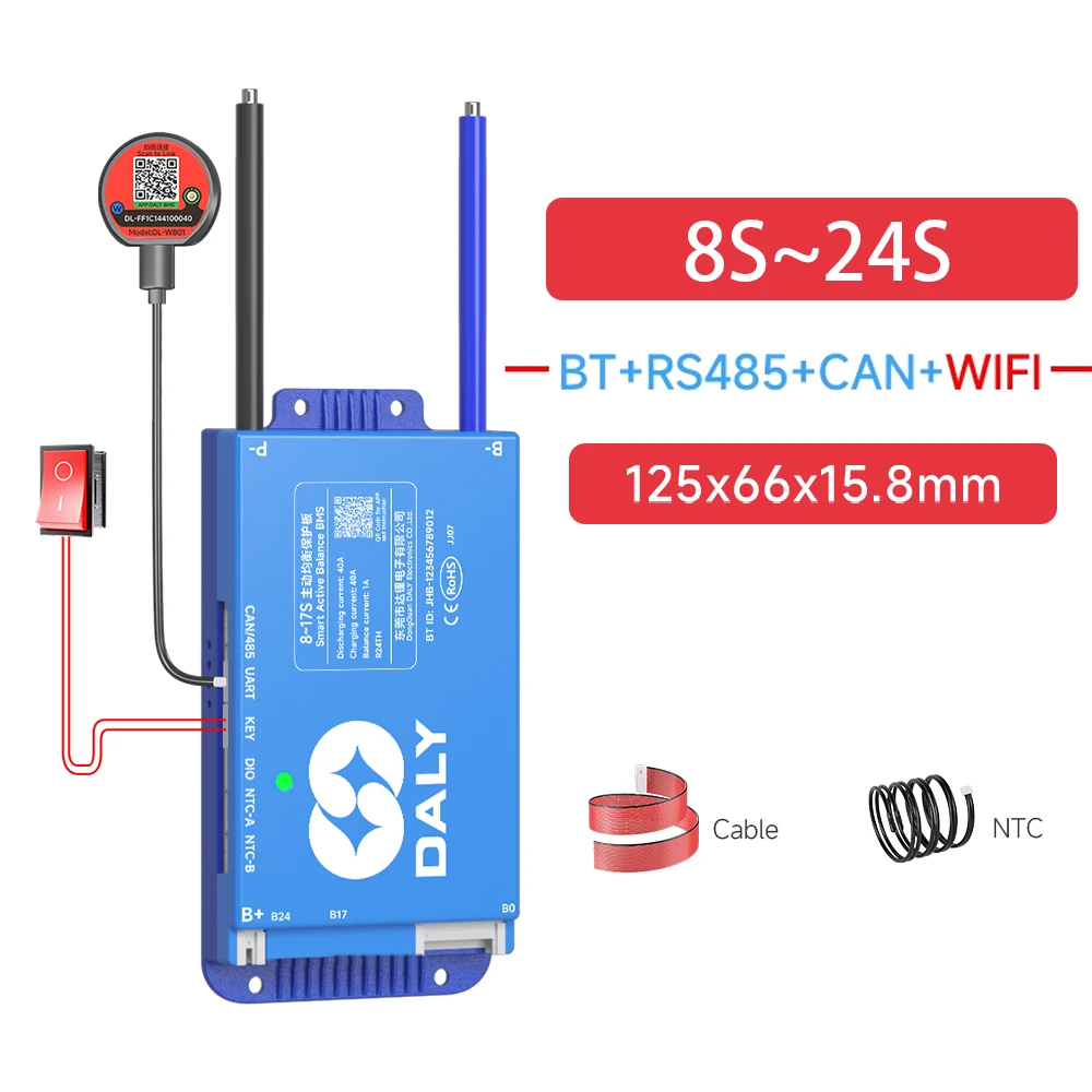 DALY BMS 100A 4S-8S 12V-24V Smart Avec Équilibreur Actif 1A, Bluetooth Et RS485 - Pour Batteries Lithium NCM/LFP/LTO