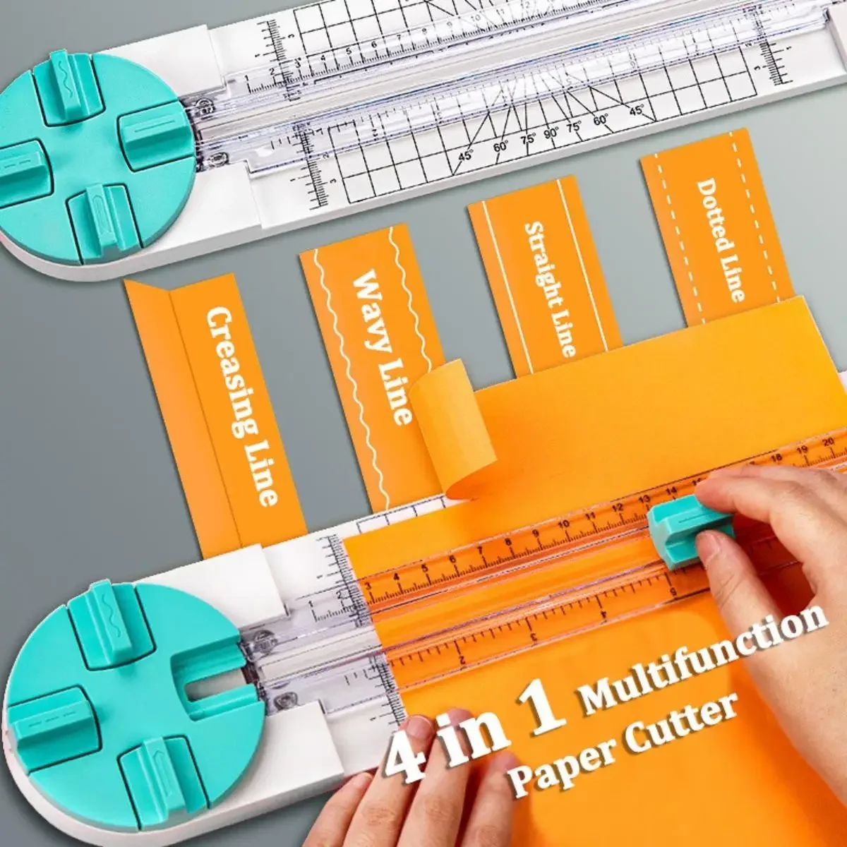 4 in 1 Rotatable Paper Cutter Ruler,Portable Green Removable Ruler for Craft Paper,Coupon,Cardboard,Greeting Card Art Supplies