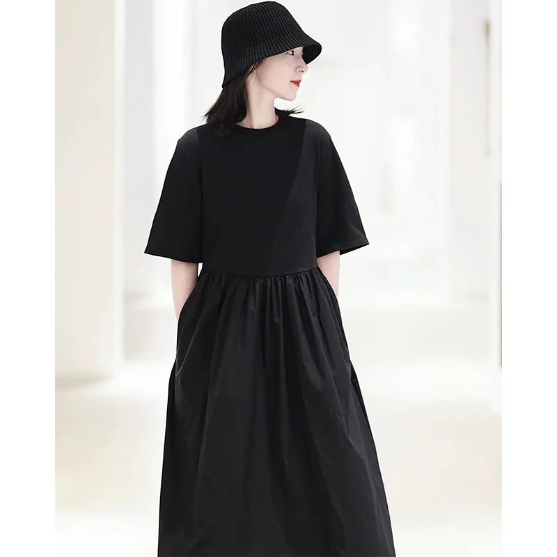 2024 spring new slim-fitting simple comfort and casual version round neck pleated stitching-shirt female dress