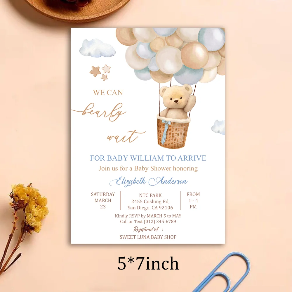 Personalise Teddy Bear Hot Air Balloon Baby Shower InvitationCard，Blue Tan Beige We Can Bearly Wait Invites Card