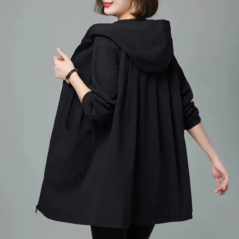 Double Layer Women Windbreaker 2023 New Spring Autumn Loose Mid-Length Hooded Trench Coat Mother Fashion Cotton Lining Tops 4XL