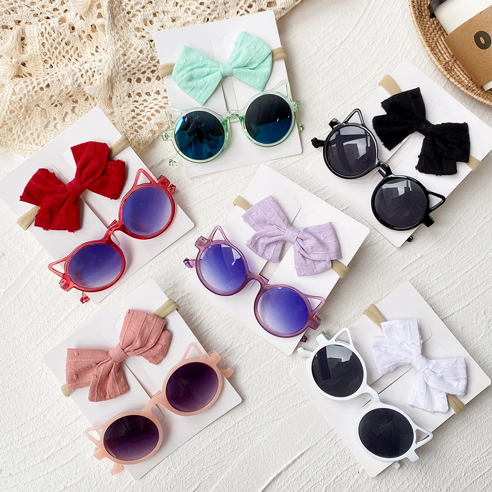 2/3Pcs/set Baby Bows Headband Cartoon Sunglasses Girls Beach Photography Props Toddler Hair Bands Headwear Kids Hair Accessories