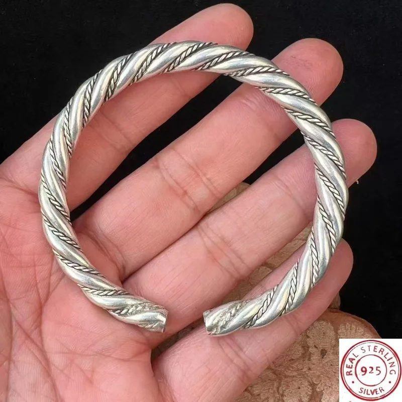 

925 Vintage Tibetan Silver Copper Bangle, Filigree Wire Craft & Twisted Rope Design, Handmade Ethnic Jewelry