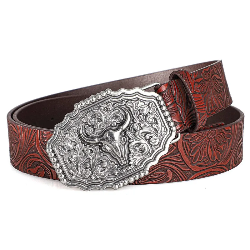 Western Cowboy-Stil Vintage Casual Gürtel - Geschnitzte Ochsenkopf-Schnalle & Bohemian-Print, Perfekt für Tägliche Pendler- und Dating-Outfits – Detail 3