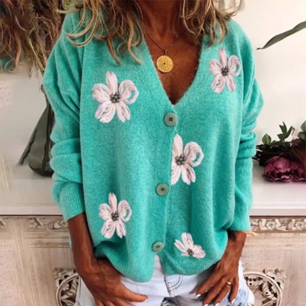 

Women's Long Sleeve Cardigan V-Neck Knitted Sweater Embroidered European American Style for Spring Autumn by