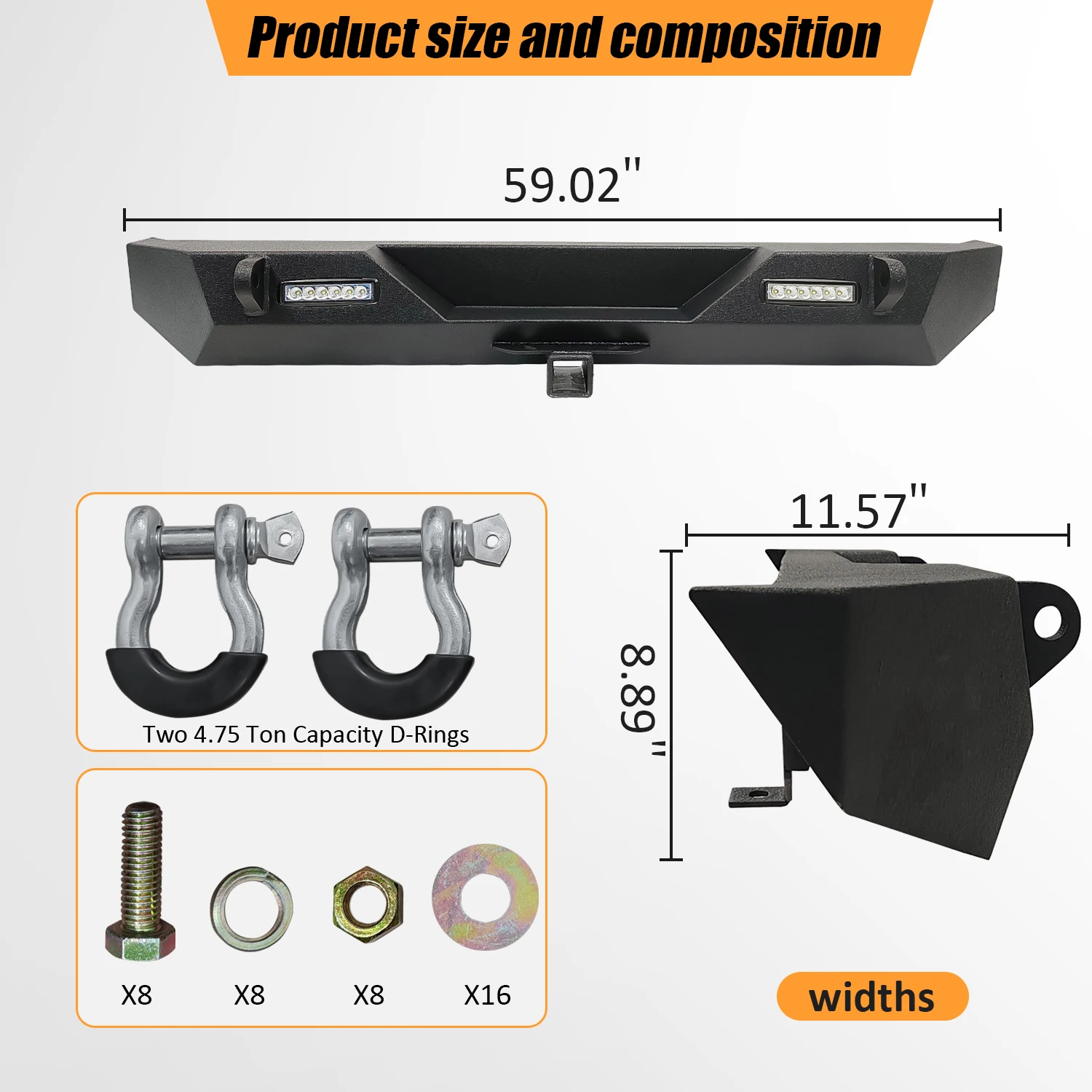 Rear Bumper Compatible with 1997-2006 Jeep Wrangler TJ & Unlimited, Off Road Full Width Bumper w/2 X 18W LED Lights, 2\