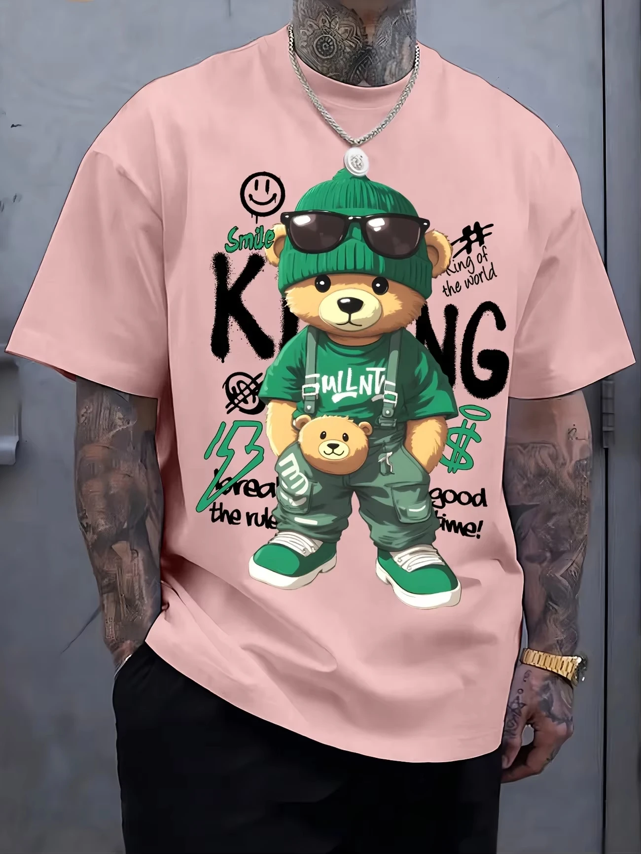 Cotton Short Sleeved T-shirt for Men Trend Loose American Print Casual Versatile Couple's Top Cartoon Bear Pattern Casual Soft.