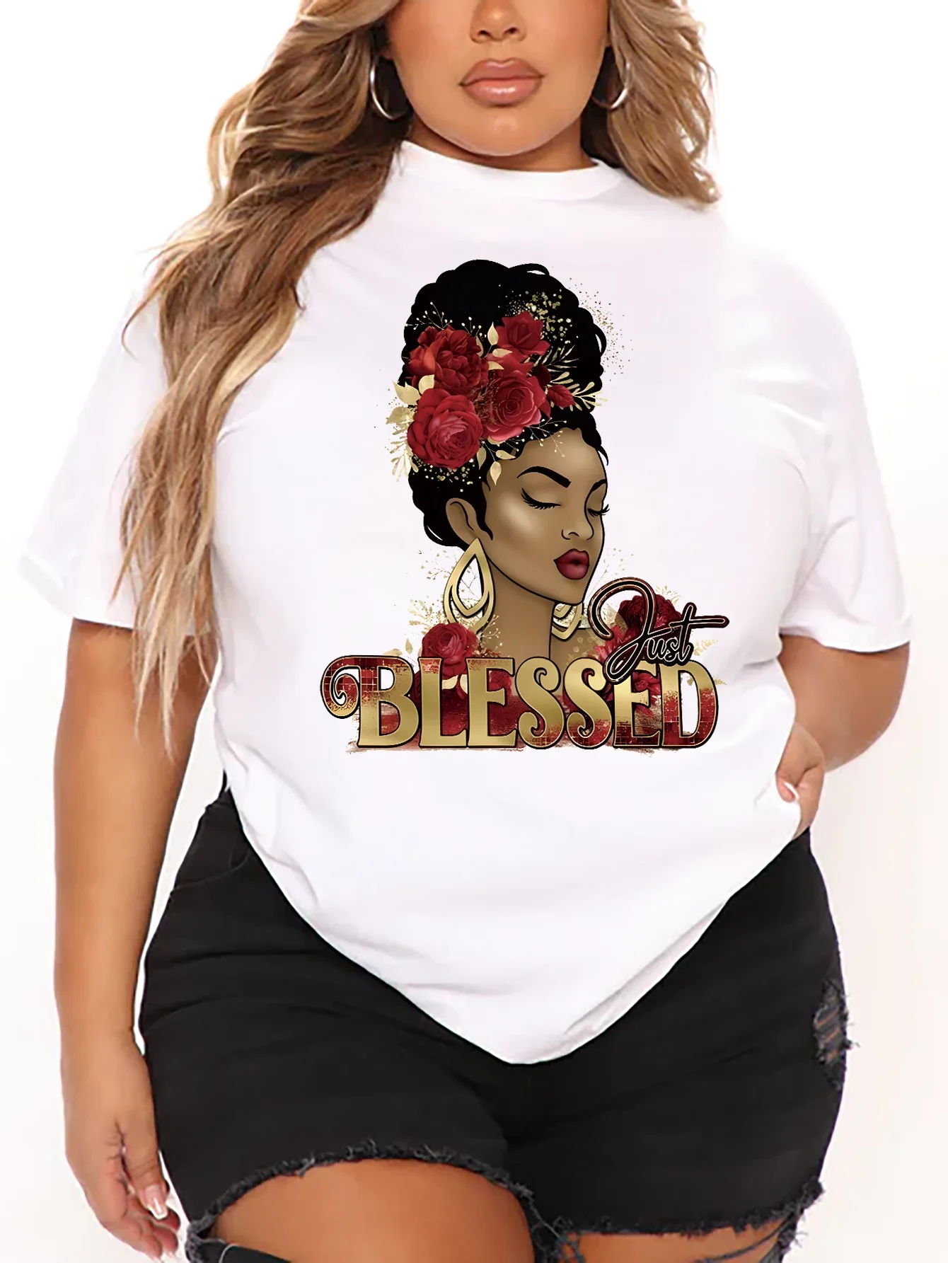 Plus Size Women's Summer Casual Short-sleeved 7 color O-Neck T-shirt Printed Graphics Headshot Letters BLESSED Plus Size T-shirt