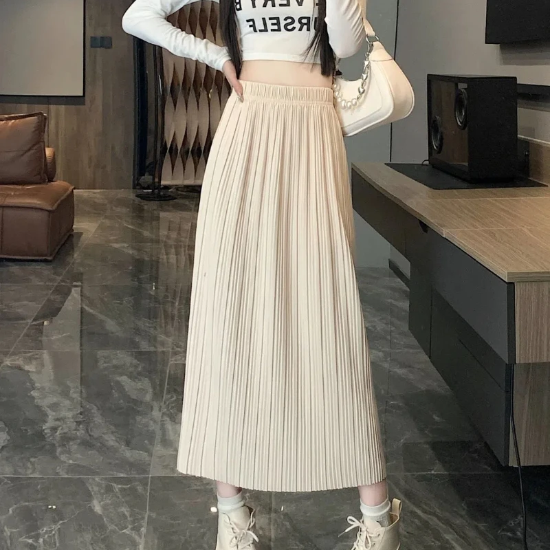 Korean Version Versatile Elastic High Waisted Pleated Skirt Long Cut with a Slit for Slimming Effect A-line Skirt for Women